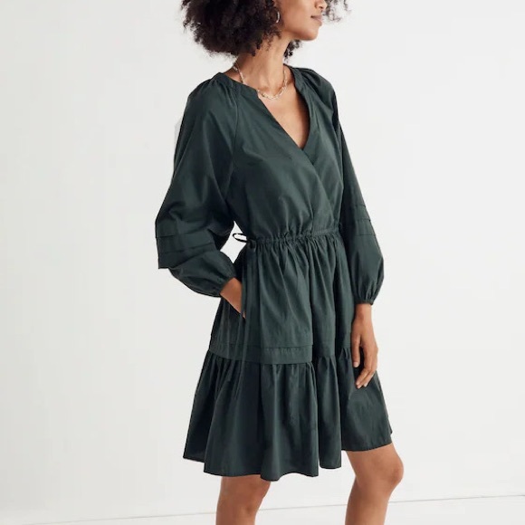 Madewell Dresses & Skirts - Madewell Crinkle Poplin Wrap Mini Dress in Dark Green Palm Sz M